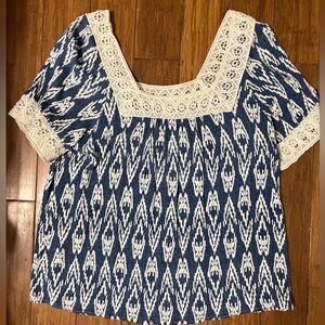 Alya Navy and Cream Patterned Blouse with Lace